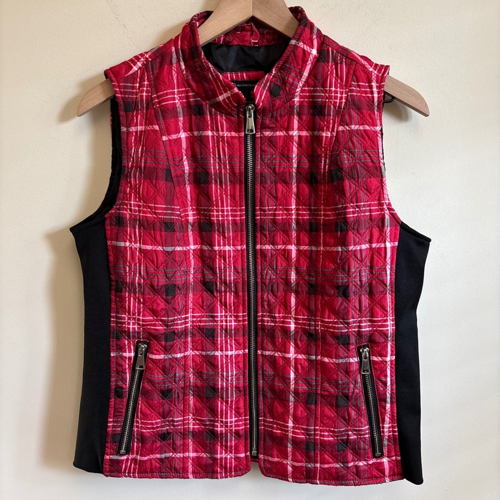 New Directions Red Plaid Quilted Vest Small Full Zip Pockets Mock Neck Vest